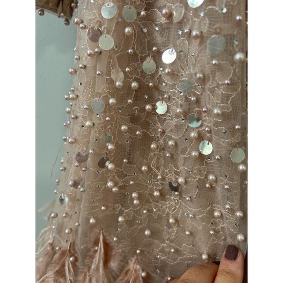 Mac Duggal Women's Disc Embellished Sequin Gown with Feather Dusty Rose Size 12 - Picture 9 of 16